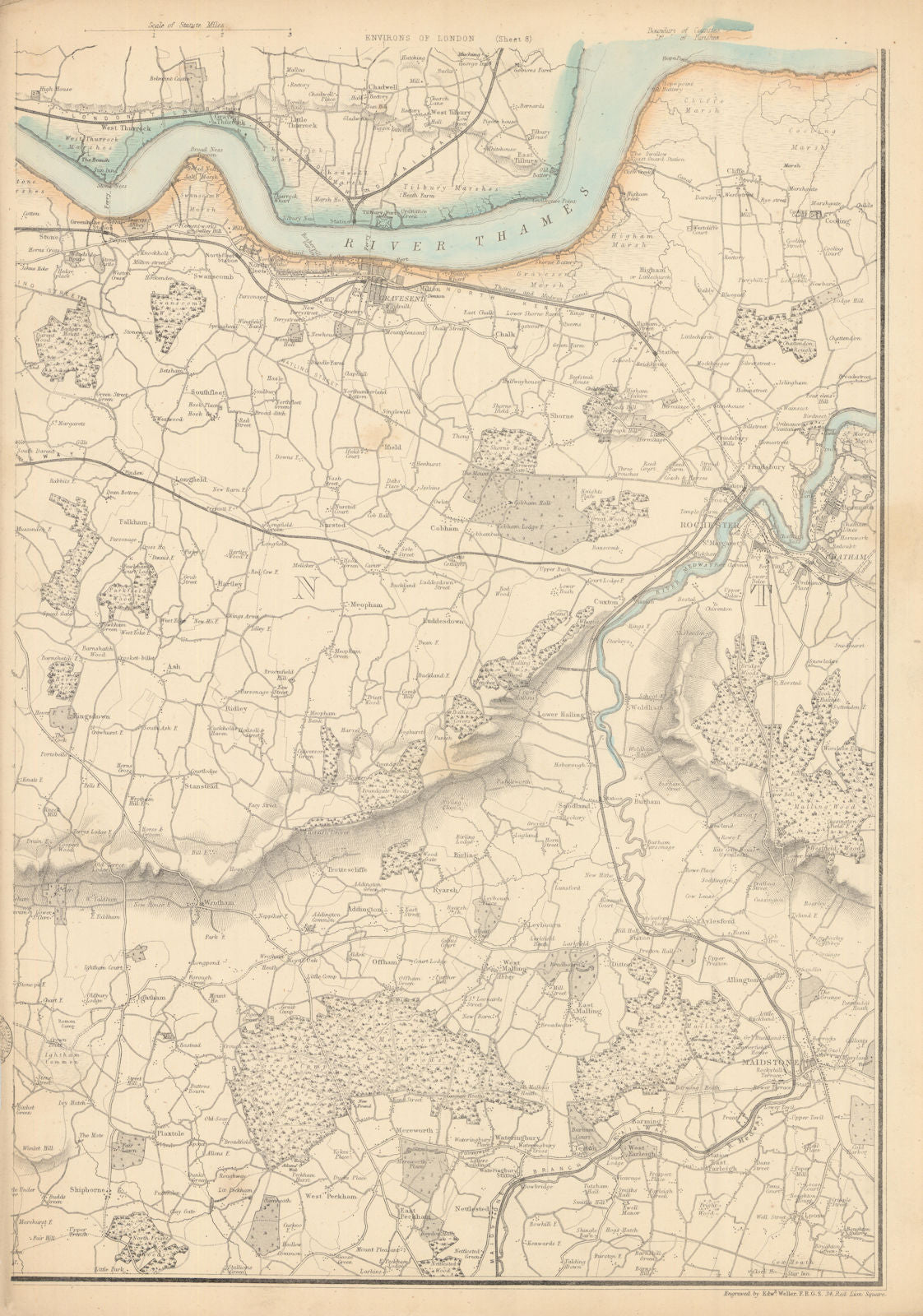 N KENT. Maidstone Rochester Chatham Gravesend Tilbury Thurrock. WELLER 1863 map